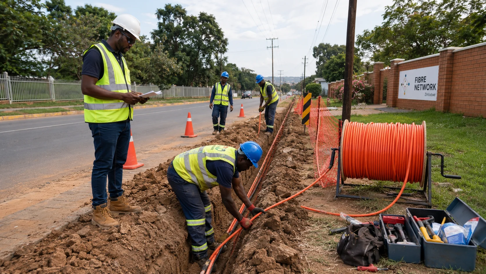 YITTA field team laying fiber conduit beside a road