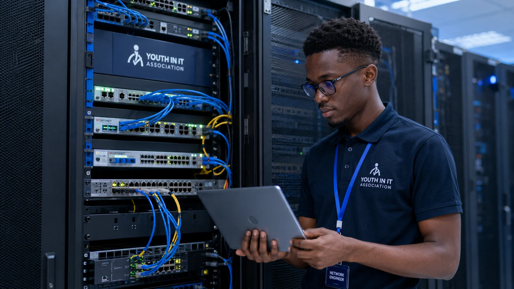 Young network engineer checking a data centre rack