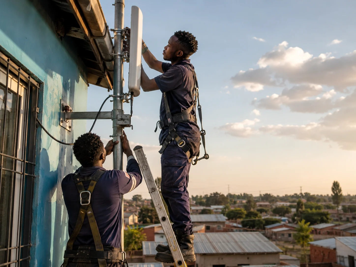 Technicians fitting antenna equipment for wider coverage