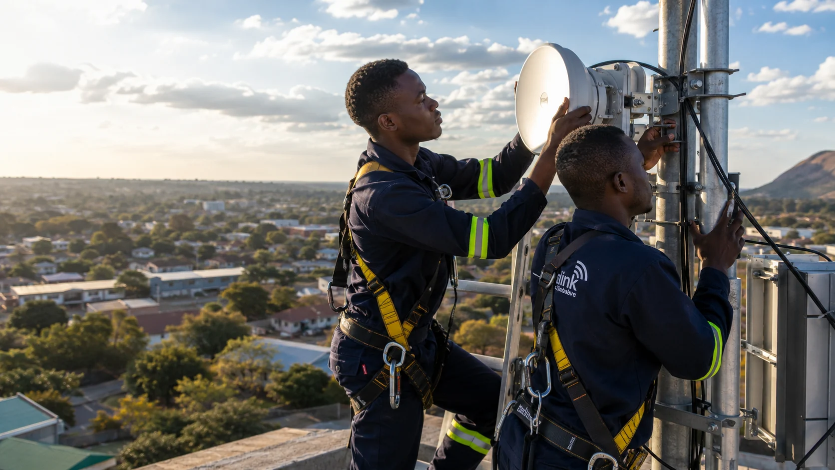 Technicians installing wireless equipment on a rooftop tower